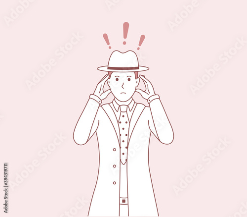 Sad man holds his head. Vector illustration of a person who has a headache or who is tired, a person in a panic. Men detective cartoon art