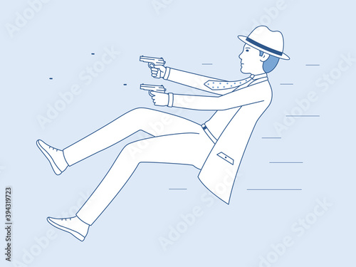 A dangerous mission of an undercover agent. Vector illustration of a man shooting with pistols. Men detective cartoon art