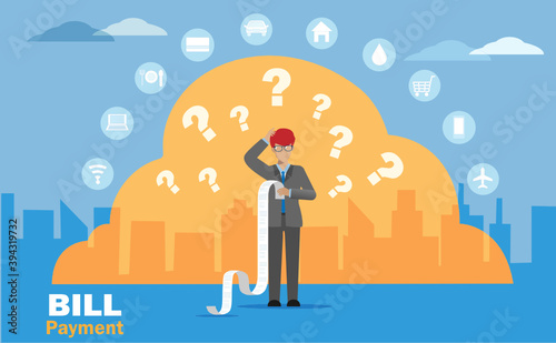 Businessman holding billing reciept with confusion and question mark signs, around with graphical expensense icons. Idea for financial trouble on bill payment and budget planing concept.