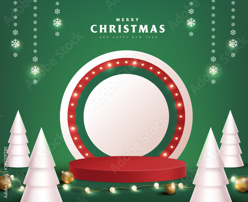 Merry Christmas banner with product display cylindrical shape and festive decoration for christmas