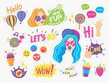 Cute and fun hand drawn stickers vector set.