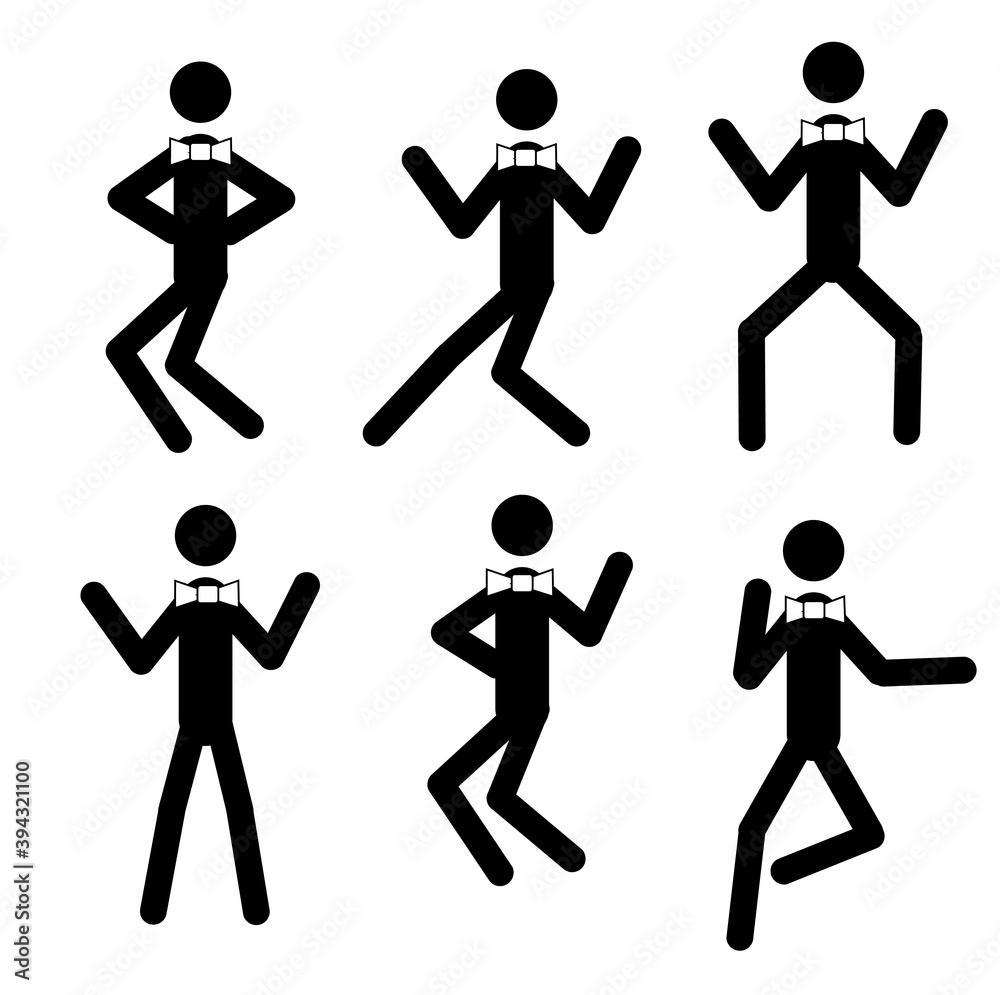 Dancing happy stick man in various poses isolated on white background. Dancing happy stick man in various poses isolated on white background.