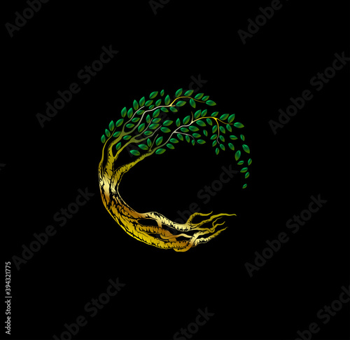 tree logo design vector isolated on black background with lettering C 