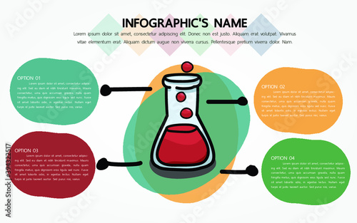 Four options infographic template with chemistry mixer container doodle