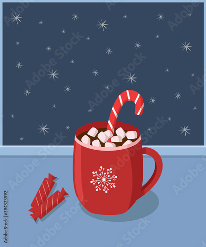 Red Cup with hot chocolate and marshmallows on the windowsill. Christmas concept, evening outside the window the snowflakes. Vector illustration