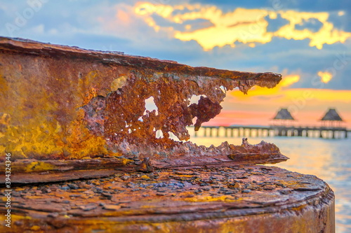 Rust occurring severe moisture from the sea.
Iron rust.
Corrosion of steel is rust.