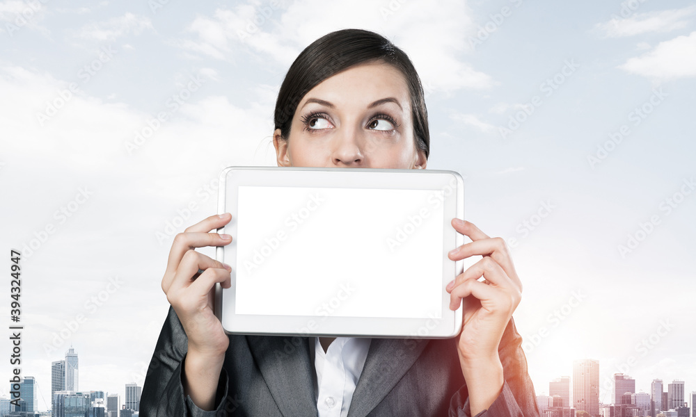 Businesswoman holding tablet computer layout Businesswoman holding tablet computer layout
