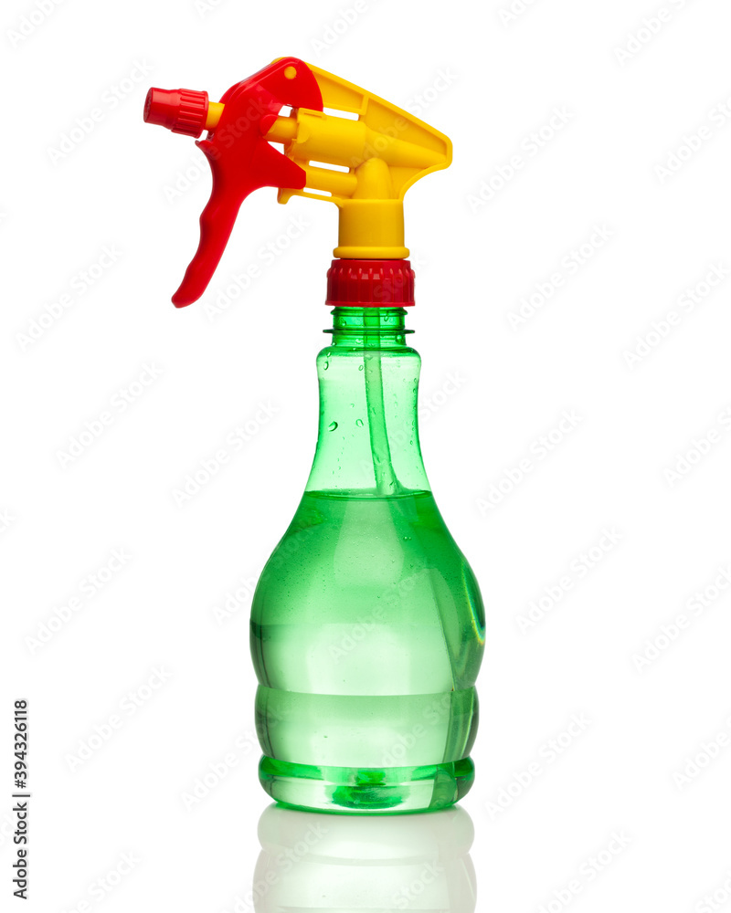 Plastic bottle with spray bottle in green on white background, isolated Plastic bottle with spray bottle in green on white background, isolated