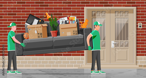 Delivery character man movers carry sofa with household items. Porters carry couch isolated. Moving company with loaders and furniture. Delivery relocation service. Flat vector illustration