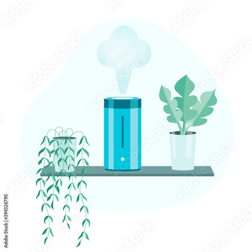 Electric blue humidifier,Air at home.household appliance and a potted plant, flat cartoon vector illustration isolated on white background.