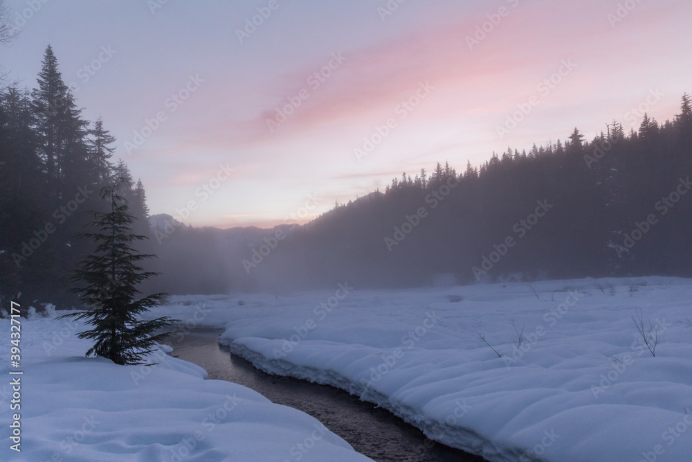 Colorful winter sunset at Gold Creek, Washington