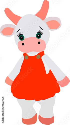 cow cute girl in orange dress, vector drawing, isolate on white