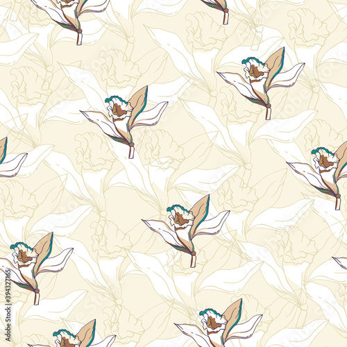 Vintage floral seamless pattern, yellow vanilla flowers on a white background. Vector textile print for fabric, paper, home textiles and dress