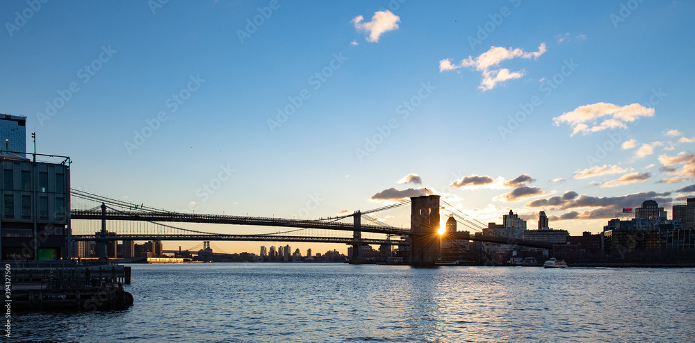 Two Bridges: Brooklyn Bridge and Manhattan Bridge over East River in downtown Manhattan