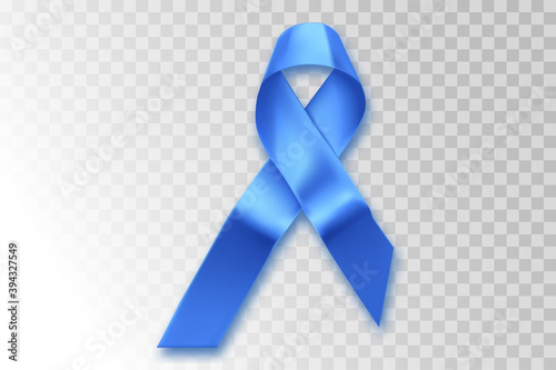 Blue ribbon. Awareness of men health in November with blue prostate cancer ribbon on transparent background. Symbol of oncology affected man. Copy space.