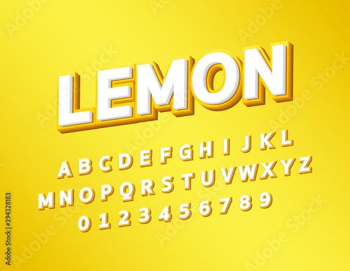 White and yellow modern bold italic text 3d styled alphabet typeface isolated vector illustration