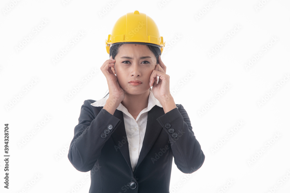 Young engineer woman wear black suit and yellow safety helmet on isolated white background. Young engineer woman wear black suit and yellow safety helmet on isolated white background.