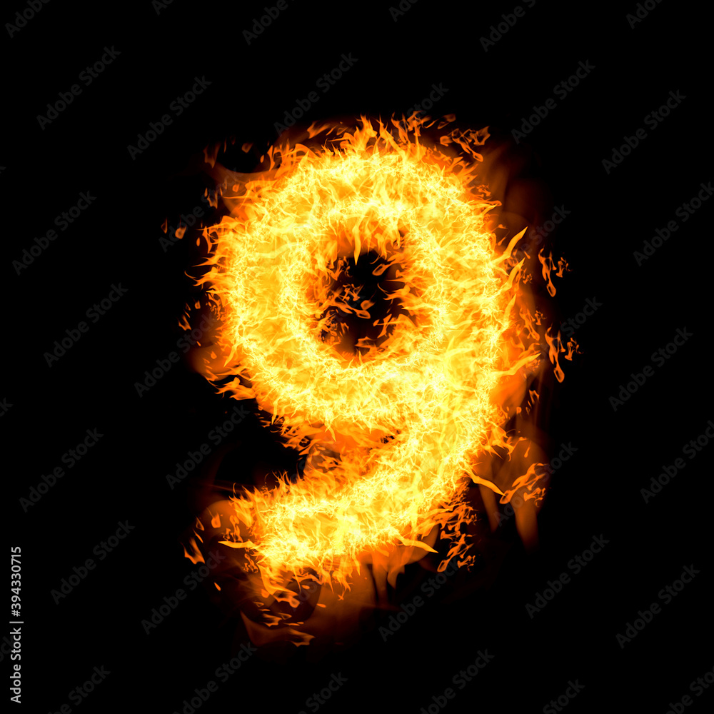Fototapeta premium Flaming 9 on black background. Stylized number design