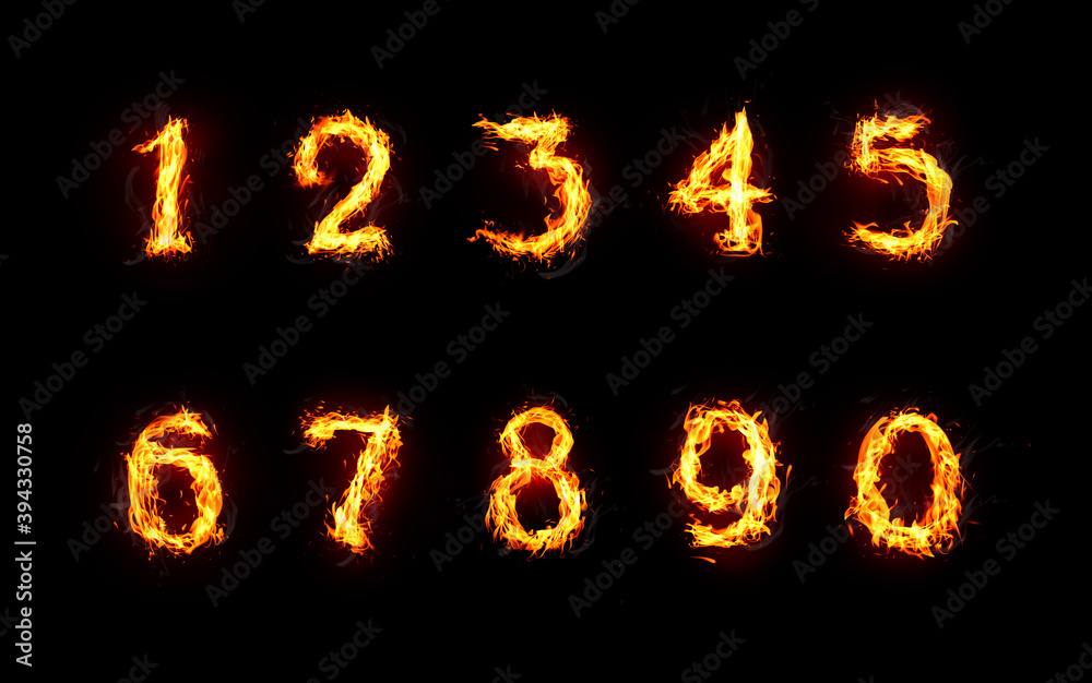 Set of flaming numbers on black background Set of flaming numbers on black background