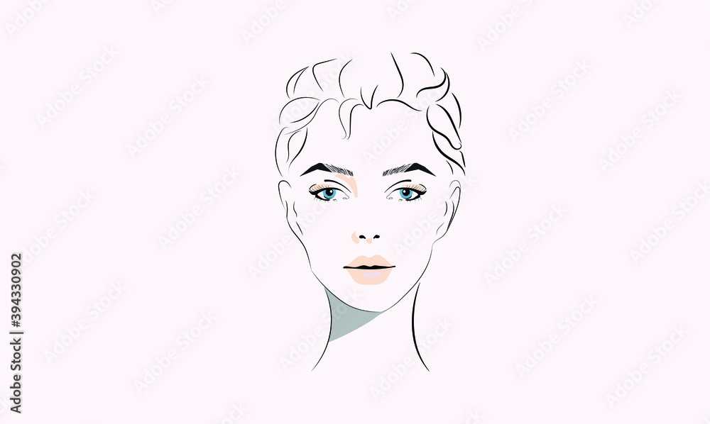 A vector illustration of a long hair woman face with nude make-up.