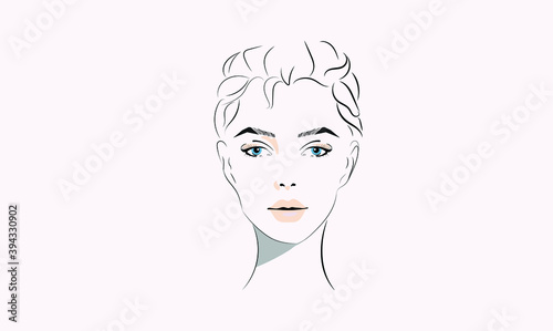 A vector illustration of a long hair woman face with nude make-up.