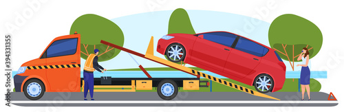 Car evacuation. The tow truck is transporting a broken car. woman calling for help on the road. Vector illustration