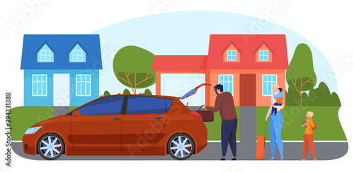Family car trip. Young family with children going on a trip by car. Family vacation, travel around the country. Vector illustration