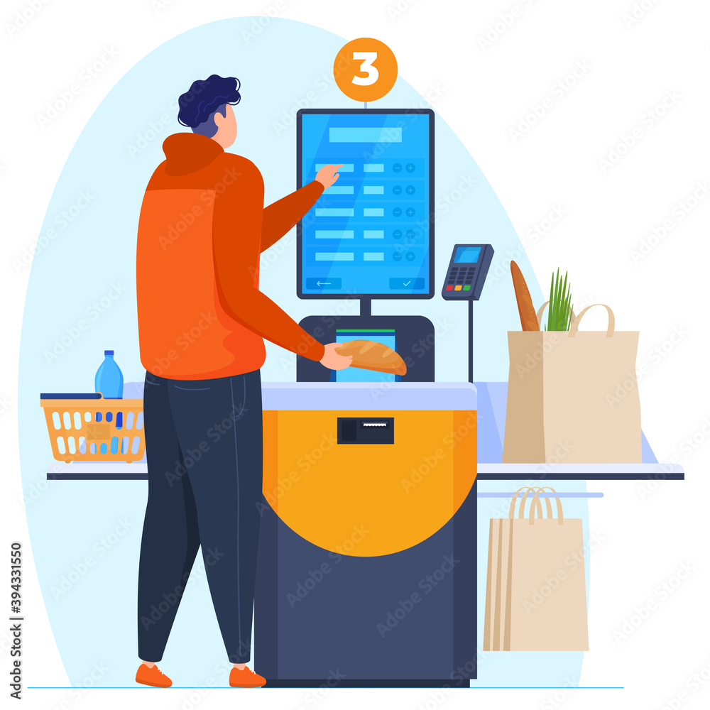 Self-service checkout. The man punches the goods at the self-service checkout. Payment by card in the supermarket. Vector illustration Self-service checkout. The man punches the goods at the self-service checkout. Payment by card in the supermarket. Vector illustration