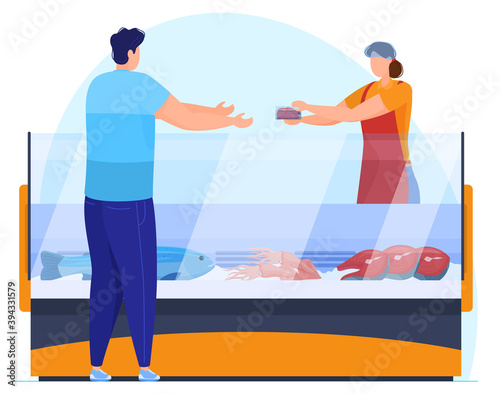 Man buys fish fillet in supermarket, seller weighs goods, vector illustration