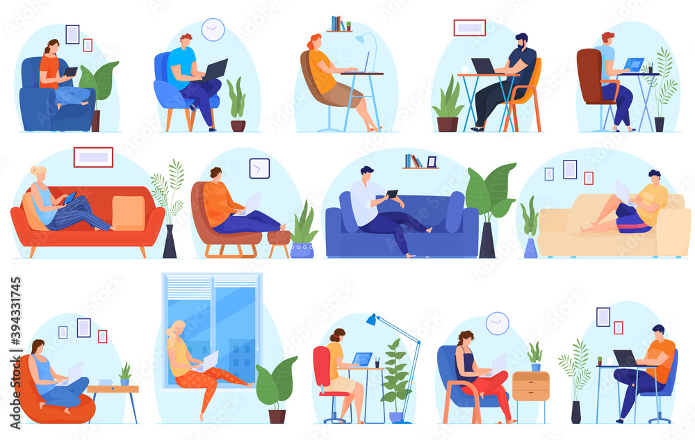 Work at home. People work at home in a comfortable environment. Free work schedule, informal atmosphere, houseplants. Vector illustration Work at home. People work at home in a comfortable environment. Free work schedule, informal atmosphere, houseplants. Vector illustration