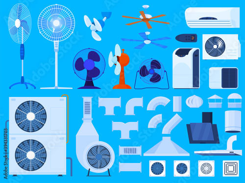 Colorful flat set of ventilation conditioning and heating system equipment isolated vector illustration