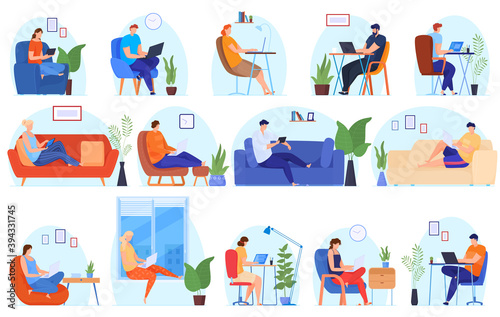Work at home. People work at home in a comfortable environment. Free work schedule, informal atmosphere, houseplants. Vector illustration