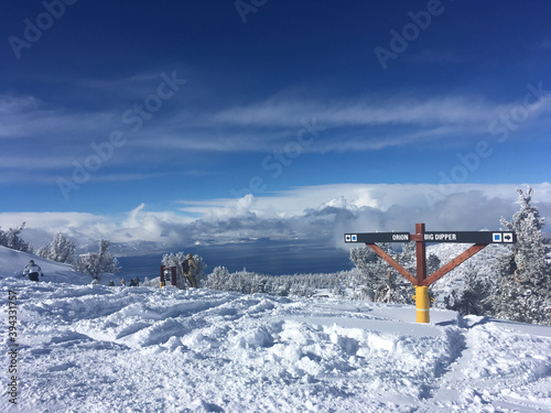 Landscape view of Lake Tahoe, as seen from a ski resort after a big snow storm