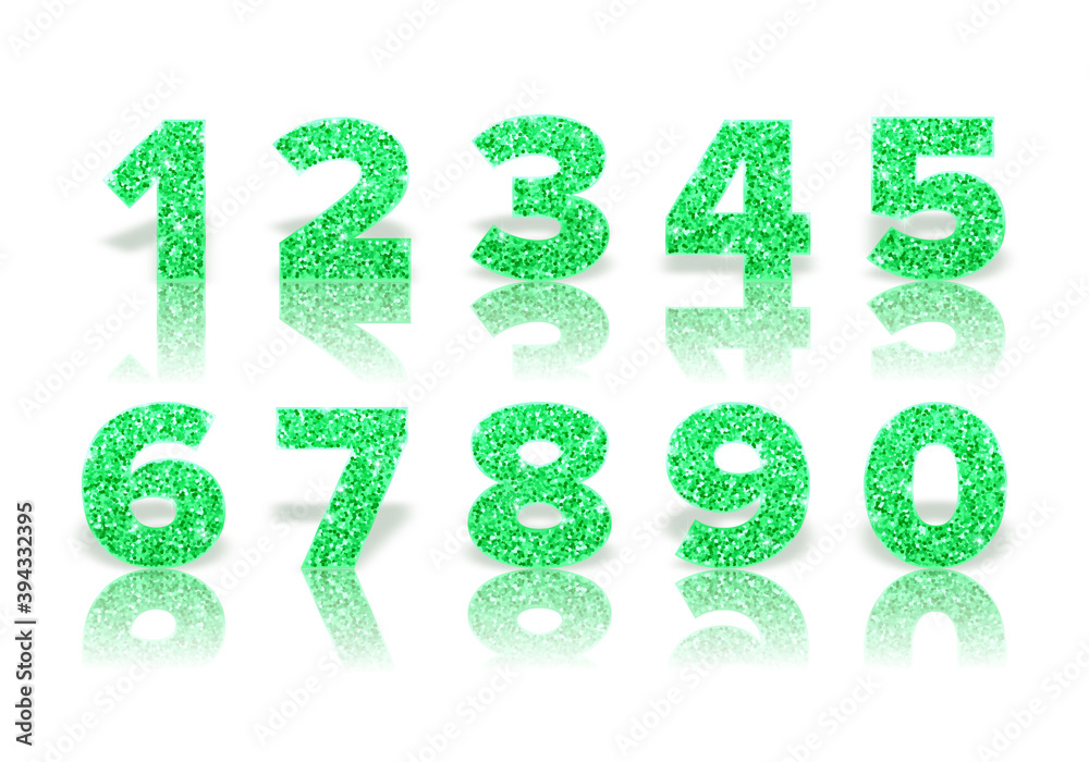 Green numbers with reflection and shadow in royal style isolated on white background. Template for invitation card and sale banner. Holiday decoration. Vector Green numbers with reflection and shadow in royal style isolated on white background. Template for invitation card and sale banner. Holiday decoration. Vector