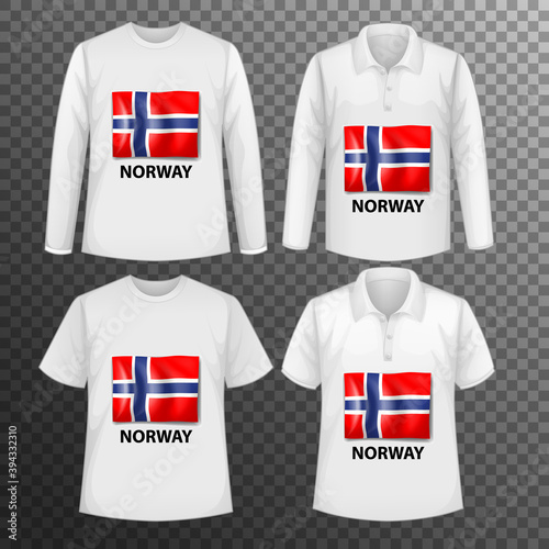 Set of different male shirts with Norway flag screen on shirts isolated