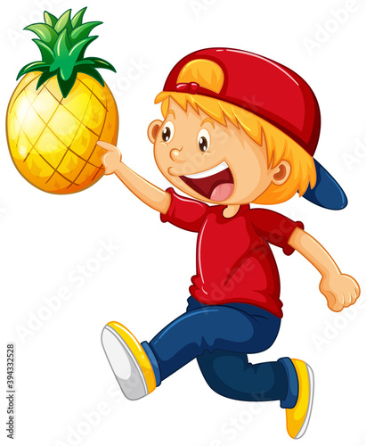 Happy boy holding pineapple