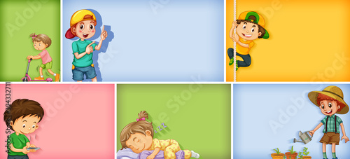 Set of different kid characters on different color background