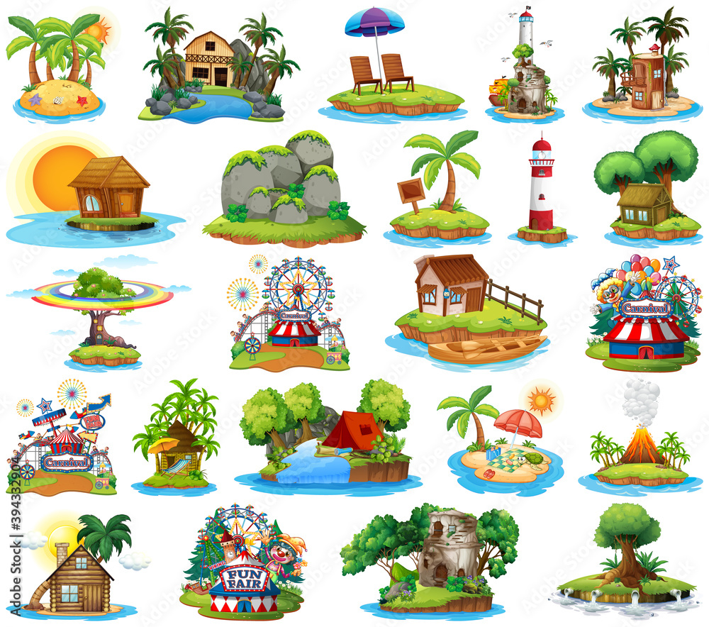 Set of different bangalows and island beach theme and amusement park isolated on white background Set of different bangalows and island beach theme and amusement park isolated on white background
