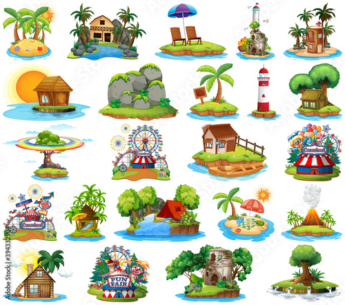 Set of different bangalows and island beach theme and amusement park isolated on white background