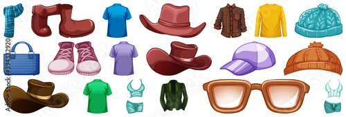 Set of fashion outfits and accessories on white background