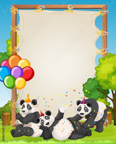 Canvas wooden frame template with pandas in party theme on forest background