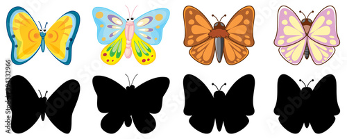 Set of insect cartoon character and its silhouette on white background