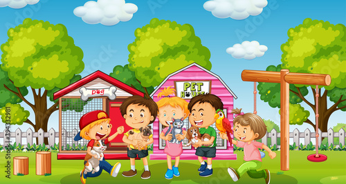Children with their pet at the yard