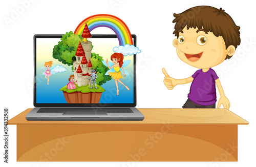 Boy next to laptop on the desk with fantasy background
