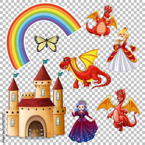 Set of folk fantasy elements isolated on transparent background