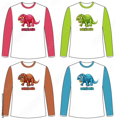 Set of different colour dinosaur screen on long sleeve t-shirt