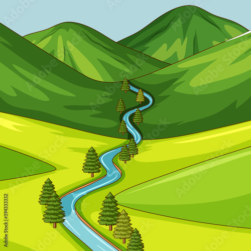 Empty green nature scene with long river