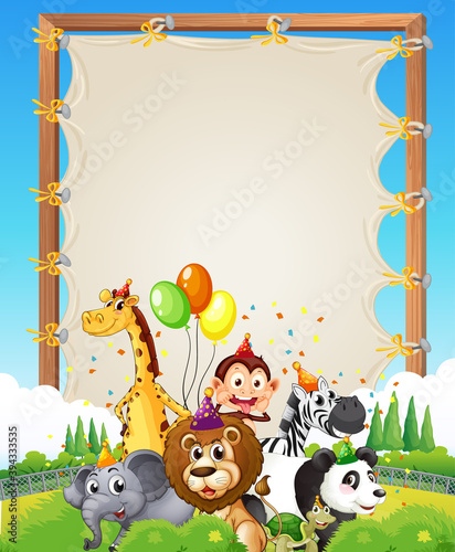 Canvas wooden frame template with wild animals in party theme on forest background photo