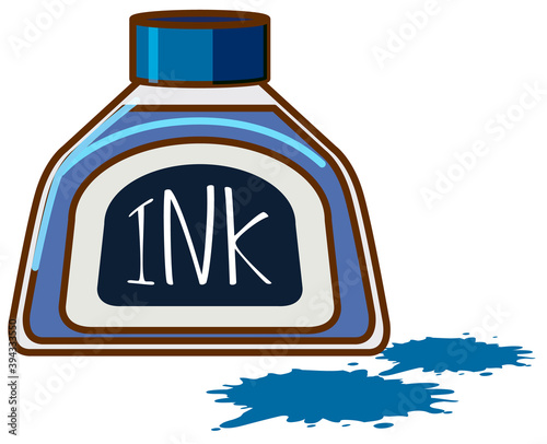 Bottle of blue ink on white background