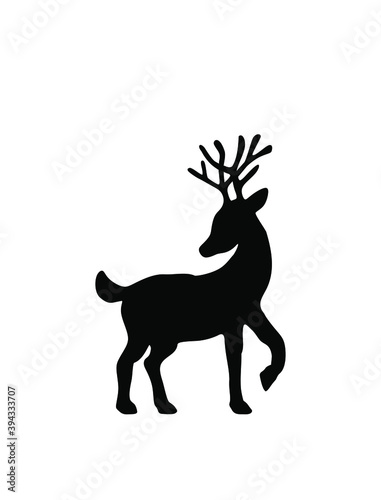 Black Reindeer Deer drawing silhouette.  Merry Christmas gift card . New Years. Snowflakes. Winter decoration.  Plotter cutting. Stencil. Laser cut. Sticker. Print for t shirt. Holidays icon decor.